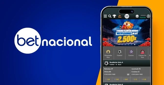 Imagem mostrando um telefone com a tela do site de apostas Bet Nacional, promovendo apostas esportivas ao vivo, incluindo futebol e cassinos.