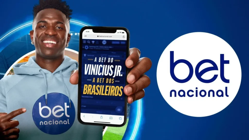 Vini Jr segurando celular com anúncio da BetNacional segura e confiável para apostas esportivas, destacando a segurança do site para apostadores brasileiros.