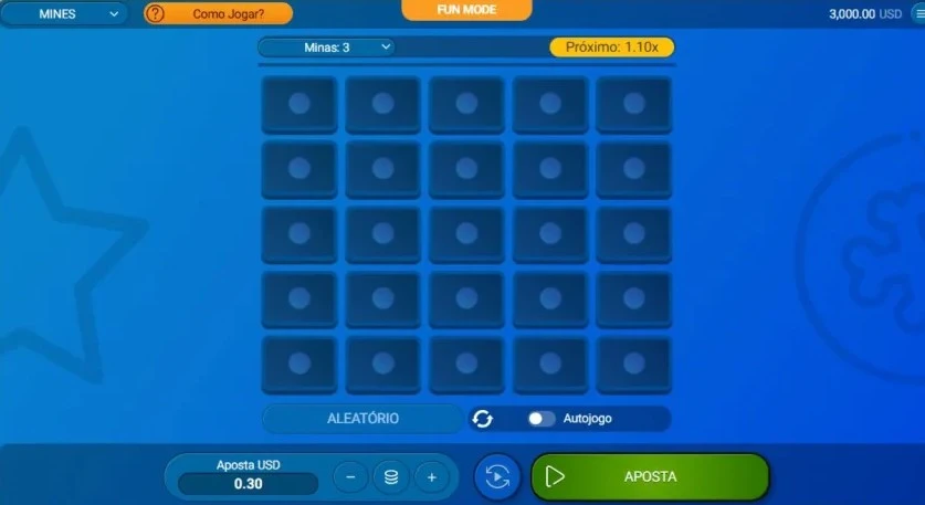 Imagem da tela do jogo Mines, mostrando o tabuleiro com blocos ocultos, orientação para aprender como ganhar no mines.