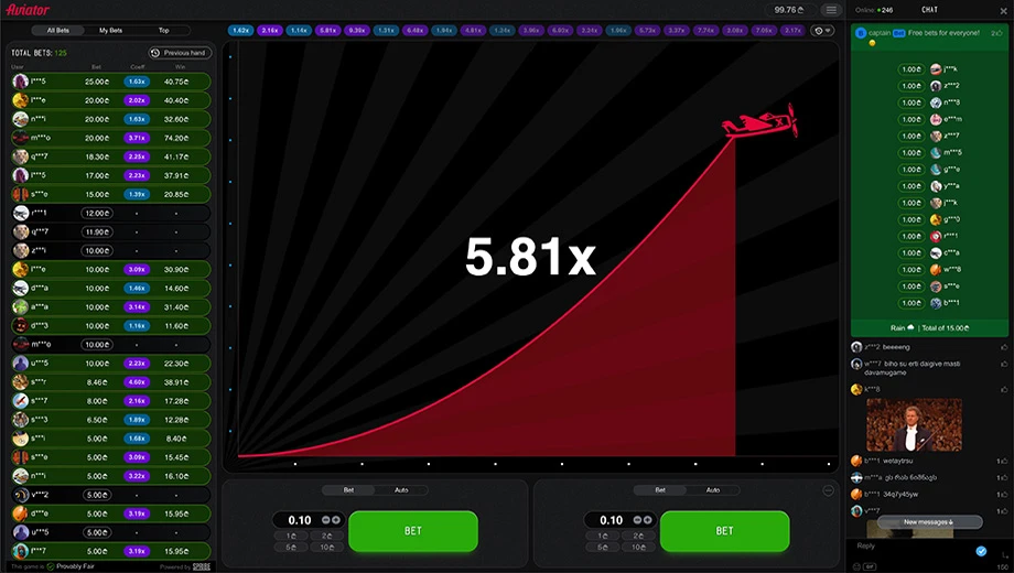 Imagem mostrando um gráfico de crescimento de 5,81x relacionado a aviator, com interface de apostas online, destaque para o símbolo de avião no canto superior.