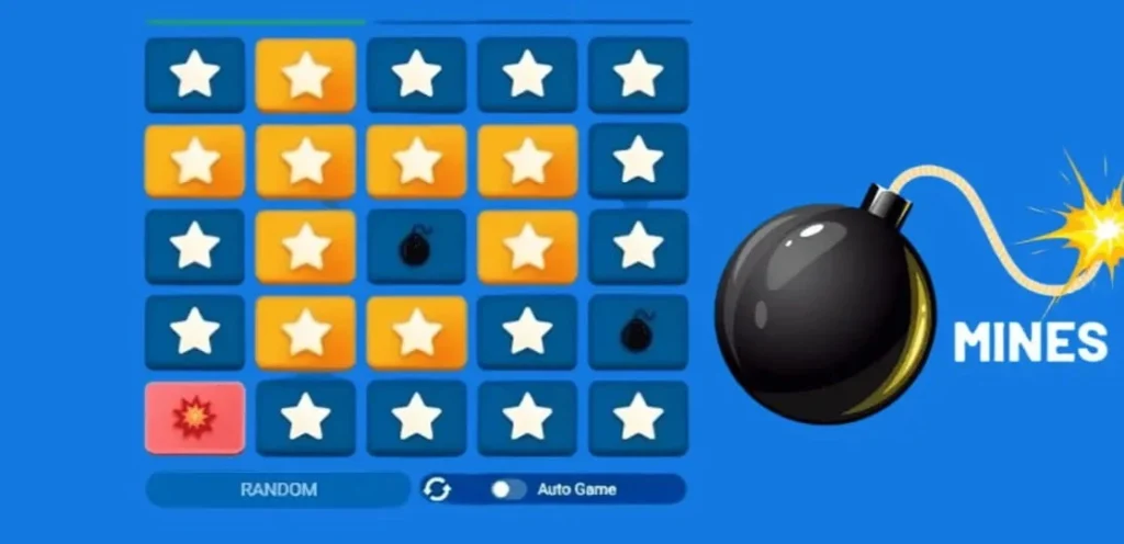 Imagem do jogo mines, com matriz de blocos coloridos e uma bomba ativada, representando um jogo de estratégia e ação.