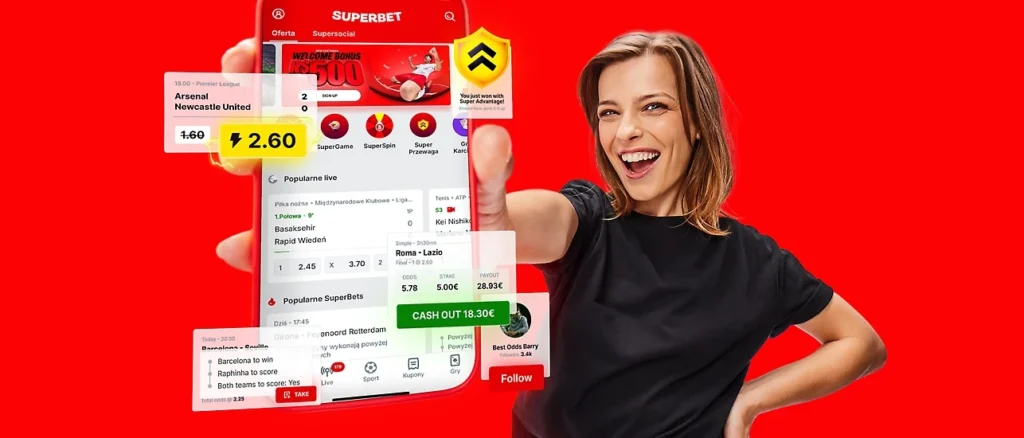 Mulher sorridente segurando celular com a tela do aplicativo Superbet mostrando apostas esportivas, promovendo a plataforma de apostas online superbet apostar.