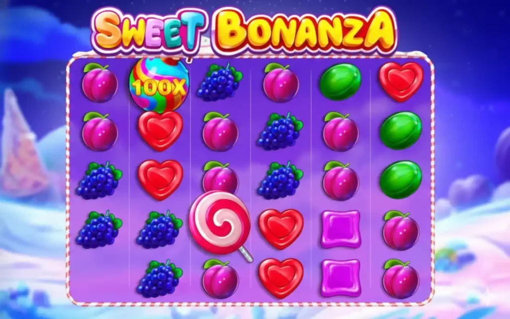 Imagem do jogo Sweet Bonanza mostrando símbolos de frutas coloridas e uma linha de combinação vencedora em fundo roxo, ideal para quem gosta de jogar Sweet Bonanza.