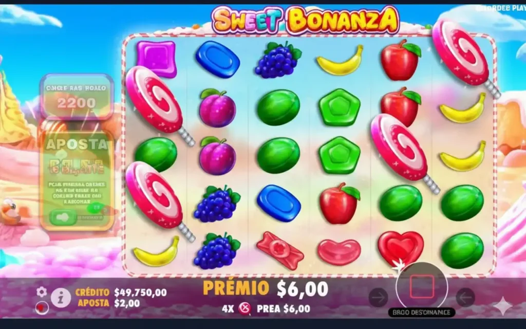 jogar Sweet Bonanza com símbolos de frutas coloridas e doces.