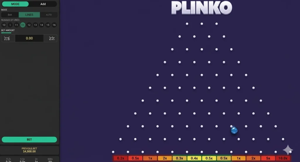 Imagem de um jogo de Plinko mostrando uma configuração de pinos e uma bolinha azul que demonstra técnicas de como ganhar no Plinko, com dicas para otimizara estratégia de jogabilidade.