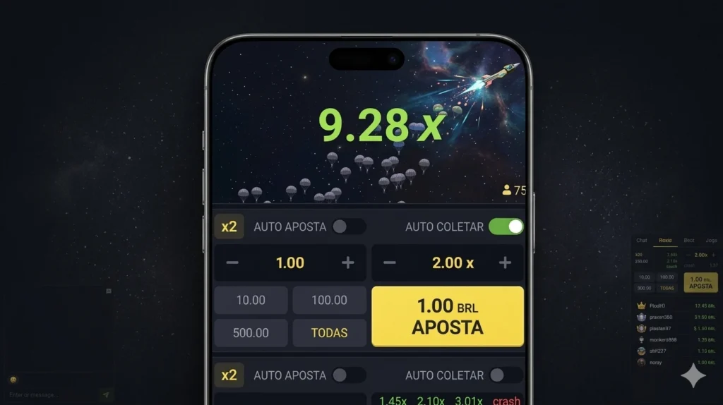 Imagem de um celular mostrando uma interface de jogo 'JetX', com multiplicador de 9.28x e opções de apostas automáticas, ideal para aprender como jogar JetX.