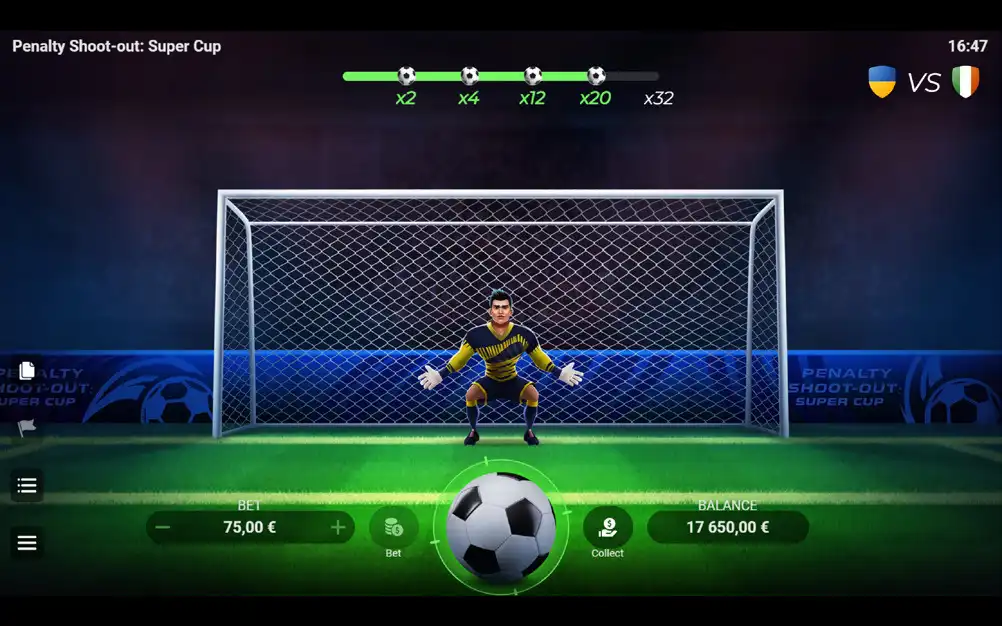 Imagem mostrando um jogo de pênalti digital, onde um goleiro está se preparando para defender uma cobrança de pênalti em um torneio de futebol virtual, relacionado a como jogar Penalty Shoot Out.
