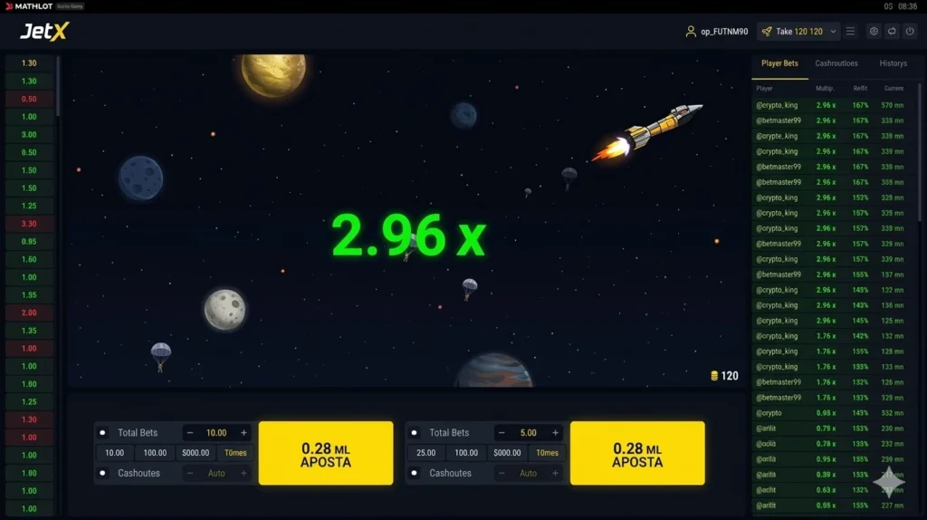 Imagem de um jogo de cassino online com tema espacial, onde o jogador ganha 2.96x no spot de apostas na máquina JetX, incentivando a ganharJetX.