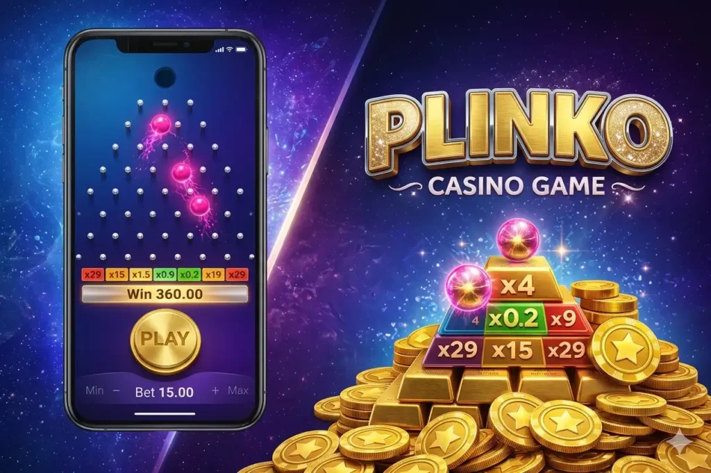 Imagem de um jogo de jogar plinko em um smartphone com cenário espacial de fundo, incluindo moedas douradas e elementos gráficos do jogo.