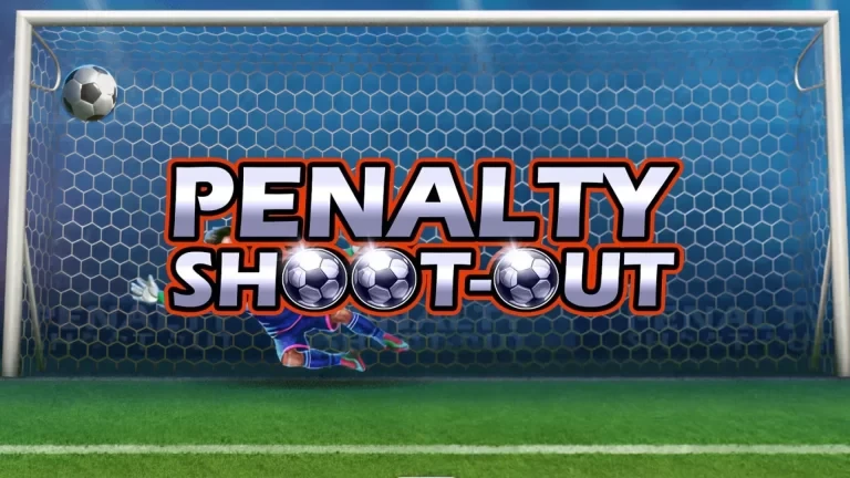 Jogo de Penalty Shoot Out com cenário de gol, bola no ar e destaque no título do jogo, ideal para aprender como jogar Penalty Shoot Out de forma divertida.
